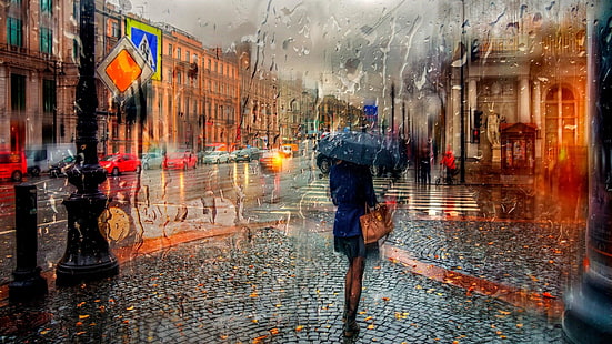 regnig dag, regn, stadsområde, stad, stad, gata, gränd, väg, fotgängare, regnar, fotografi, saint petersburg, ryssland, HD tapet HD wallpaper