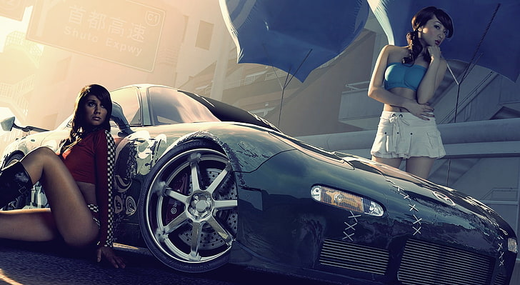 Need For Speed ​​Pro Street, niebieska Mazda RX-7 coupe, gry, Need For Speed, dziewczyny, samochód wyścigowy, nfs pro street, Tapety HD