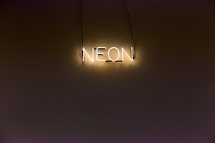 segnaletica di luce al neon beige, iscrizione, neon, retroilluminazione, parete, Sfondo HD
