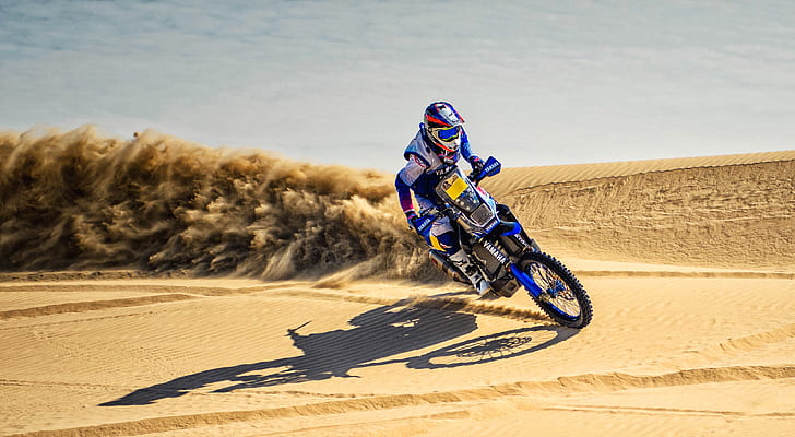Пясък, скорост, мотоциклет, състезател, мото, Yamaha, рали, Дакар, дюна, пясъци, HD тапет