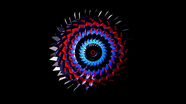 illustrazione di pignone blu, rosso e grigio, arte digitale, astratto, sfondo semplice, cerchio, sfondo nero, minimalismo, colorato, Sfondo HD