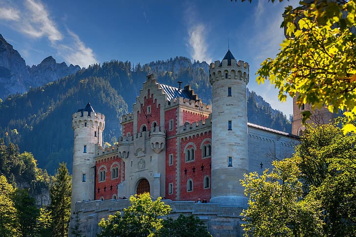 forest, trees, mountains, castle, Germany, Bayern, Bavaria, Neuschwanstein Castle, Bavarian Alps, The Bavarian Alps, Schwangau, HD wallpaper