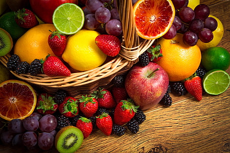 грейпфрут, яблоко, корзина фруктов, лимон, клубника, лайм, киви, виноград, ежевика, HD обои HD wallpaper