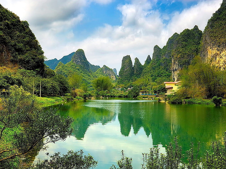 lagoon surrounded by mountain cliff landscape, china, pond, coast, water, surface, mountains, woods, HD wallpaper