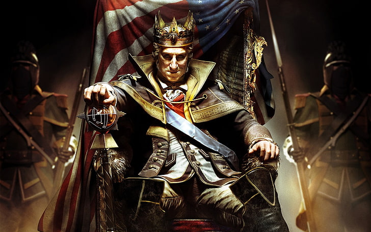 america, assassin 039 s, caron, chair, creed, flag, george, iii, king, throne, washington, HD wallpaper