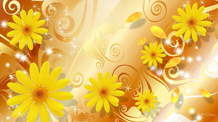 Sunshine Flowers, firefox persona, stelle, autunno, turbinii, splendore, girasoli, estate, petali, autunno, 3d e astratto, Sfondo HD