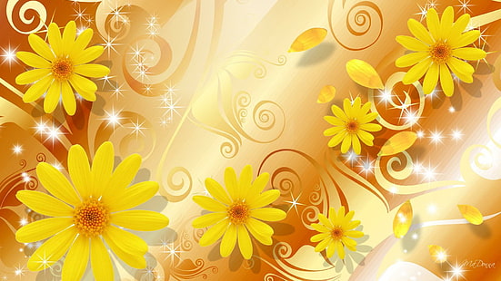 أزهار الشمس المشرقة ، شخصية فايرفوكس ، النجوم ، الخريف ، الدوامات ، اللمعان ، عباد الشمس ، الصيف ، البتلات ، الخريف ، ثلاثي الأبعاد والملخص، خلفية HD HD wallpaper