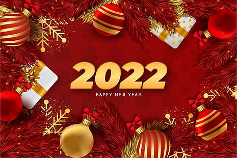 الكرات، الثلج، الفروع، الكريسماس، الهدايا، رأس السنة الجديدة، خلفية حمراء، 2022، خلفية HD HD wallpaper