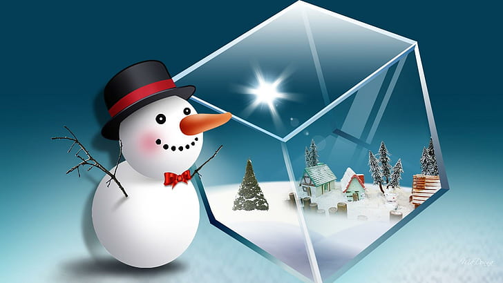 Snowmans Cube Village, firefox персона, Коледа, дърво, причудлив, сладък, feliz navidad, снежен човек, къщи, Коледа, зима, 3d и, HD тапет