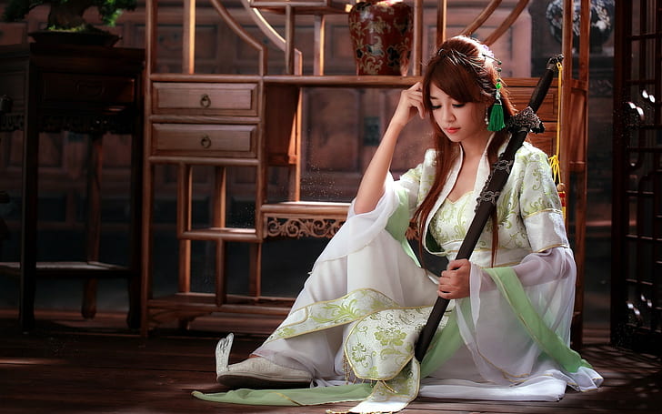Asian, women, brunette, sword, costumes, HD wallpaper