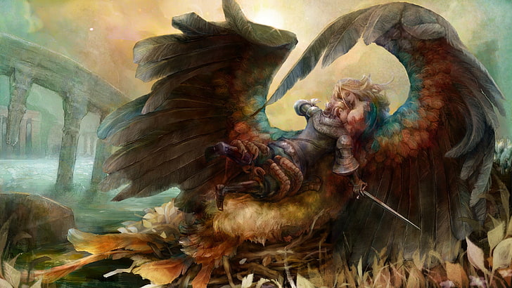 мужчина держит меч живопись, гарпия, рыцарь, крылья, вымышленный, доспехи, фэнтези арт, фэнтези девушка, корона дракона, HD обои