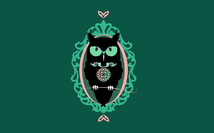 illustrazione di gufo nero e verde, lo sfondo scuro, gufo, uccello, minimalismo, Sfondo HD