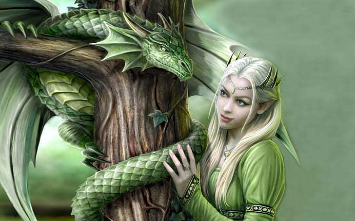 Зелен дракон и принцеса-фантазия-цифрово изкуство Hd тапет за работен плот, HD тапет