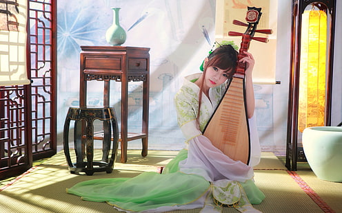Beautiful classical Chinese girl playing the pipa, Beautiful, Classical, Chinese, Girl, Playing, Pipa, HD wallpaper HD wallpaper