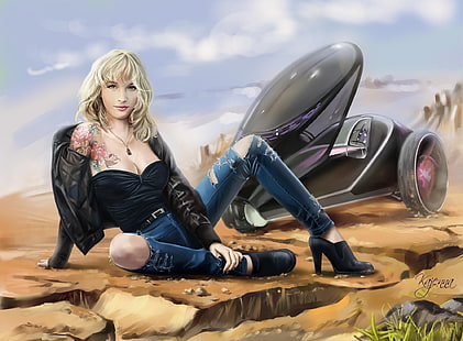 женщина в черном топе с вырезом в форме сердца и синих рваных джинсовых джинсах, живопись, женщины с автомобилями, HD обои HD wallpaper