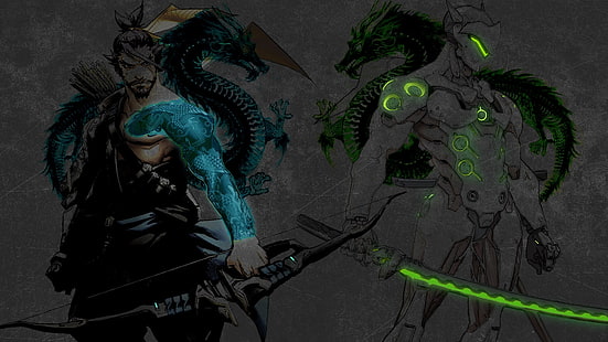 Tapeta dwóch mężczyzn i żołnierzy trzymających łucznika i miecza, Genji Shimada, Genji (Overwatch), Overwatch, Hanzo (Overwatch), łucznik, strzały, wojownik, fantasy art, Tapety HD HD wallpaper