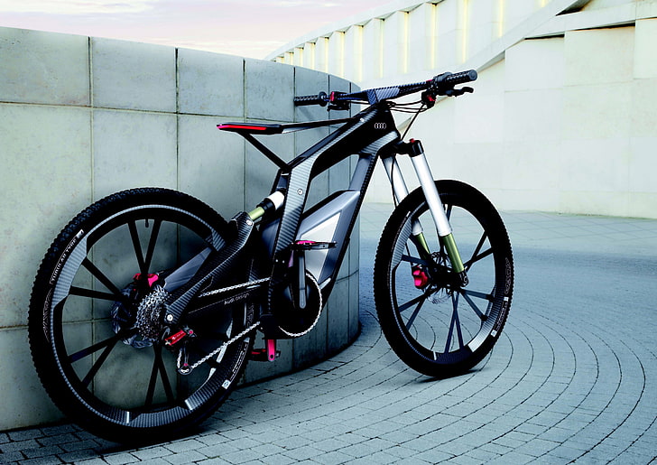 graues und schwarzes vollgefedertes Fahrrad, Sport, Audi, grauer Hintergrund, Radfahren, HD-Hintergrundbild