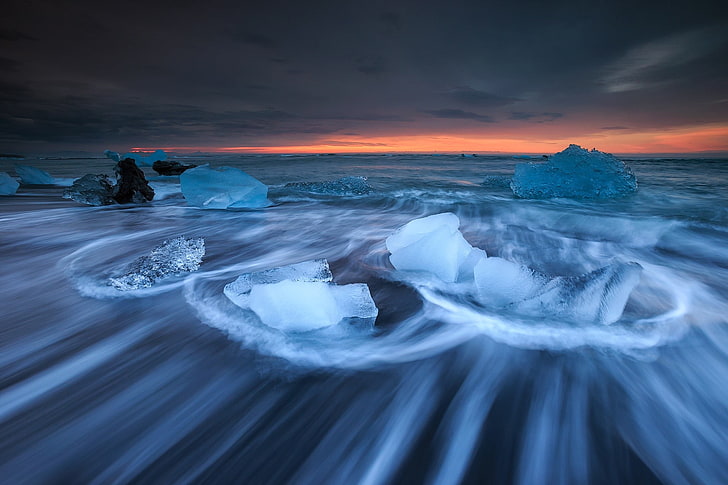 tramonto, ghiaccio, natura, mare, lunga esposizione, Sfondo HD