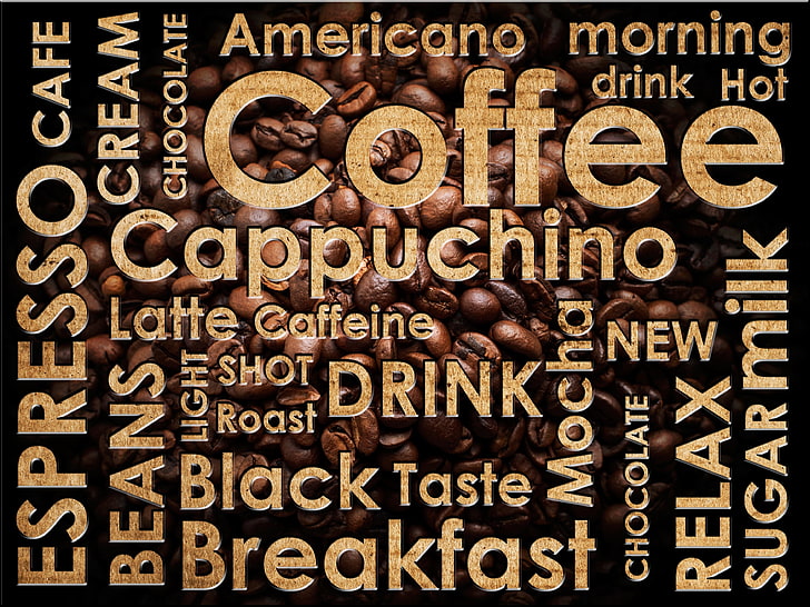 granos de café con superposición de texto, etiquetas, café, granos de café, espresso, bebida caliente, cappuchino, café con leche, americano, Fondo de pantalla HD