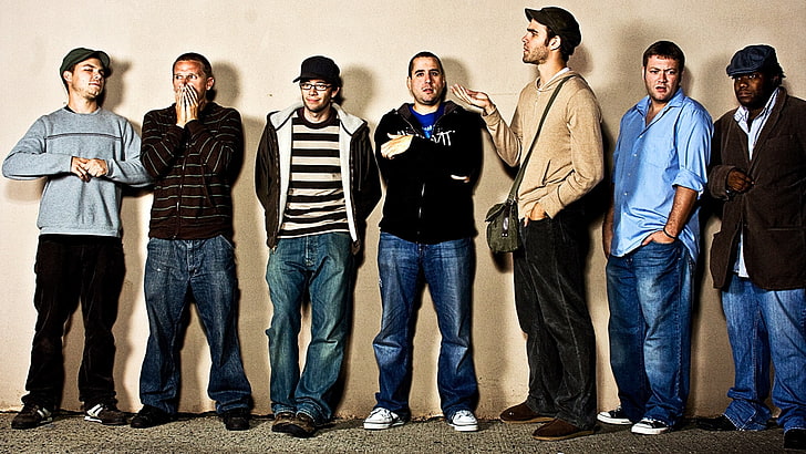 men's assorted-color clothes lot, streetlight manifesto, band, wall, line, jeans, HD wallpaper