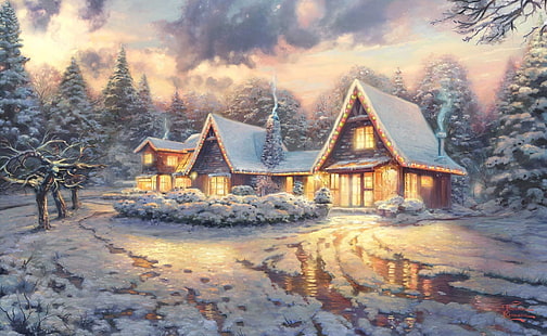 Christmas Lodge by Thomas Kinkade, grey house, Holidays, Christmas, lodge, Thomas Kinkade, Tapety HD HD wallpaper
