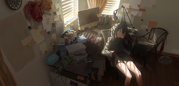 anime girls, anime, Anime: Gamers !, habitación, interior, sentado, escritorio, Fondo de pantalla HD