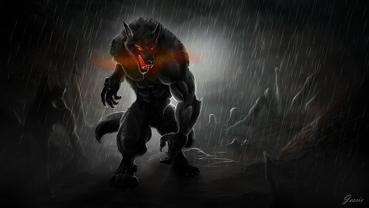 ilustración de hombre lobo, hombres lobo, oscuro, criatura, arte de fantasía, Fondo de pantalla HD