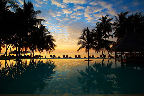 Beach Sunset over Pool, coconut trees, beach, replection, ocean, sand, dusk, down, pool, island, orange, tropical, skies, south-pacific, HD wallpaper HD wallpaper