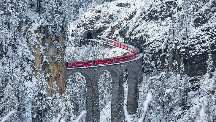 Bernina Express, Kanton Graubunden, Swiss, Musim Dingin, Wallpaper HD