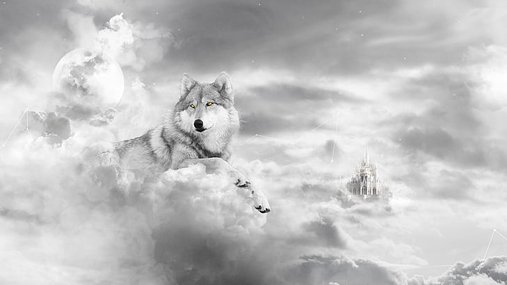 animals, art, castle, CG, clouds, digital, dream, face, fantasy, fur, light, Moon, mystical, mythical, psychedelic, sky, sun, Surreal, wolf, wolves, HD wallpaper