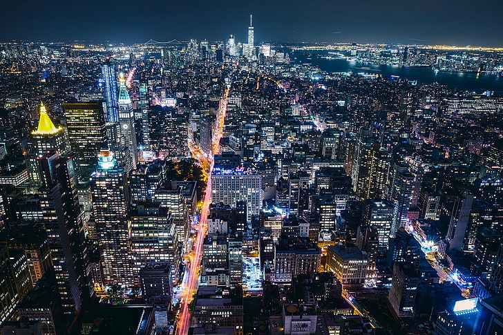new york, nuit, bâtiments, lumière, vue de dessus, ciel, ville, Fond d'écran HD