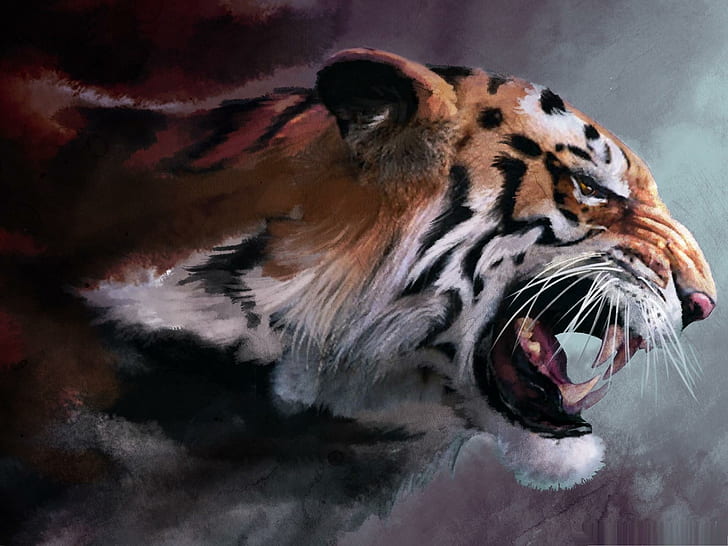 怒っている虎の絵、虎のうなる絵、虎、絵の具、野生生物、怒っている、動物、 HDデスクトップの壁紙