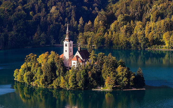 سلوفينيا، بحيرة Bled، الكنيسة، جزيرة، الأشجار، سلوفينيا، بحيرة، Bled، الكنيسة، الجزيرة، الأشجار، خلفية HD