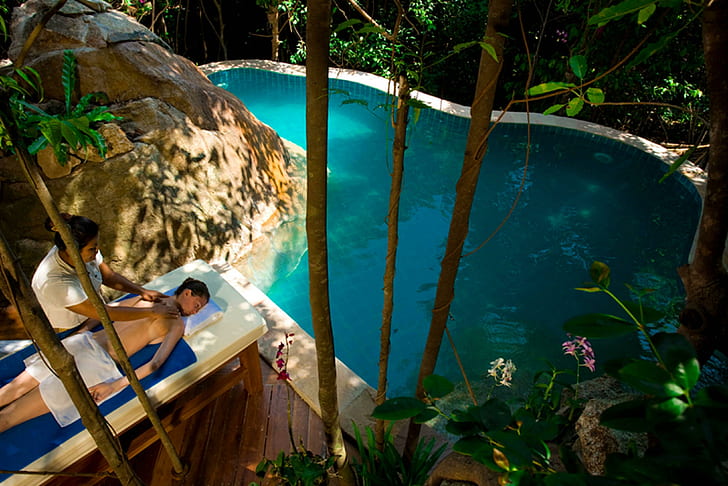 Luxury Forest Spa, белый спа-стол, плавание, погружение, деревья, лес, полинезия, экзотика, релакс, джакузи, пышный, рай, массаж, джунгли, зеленый, HD обои