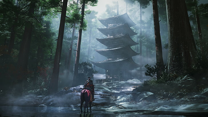 мъж на кон, заобиколен от горски дигитален тапет, Ghost of Tsushima, екранна снимка, 4k, HD тапет