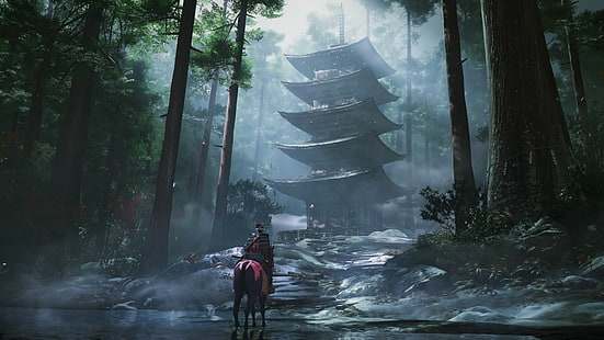 Mann Reitpferd umgeben von Wald digitale Tapete, Ghost of Tsushima, Screenshot, 4k, HD-Hintergrundbild HD wallpaper