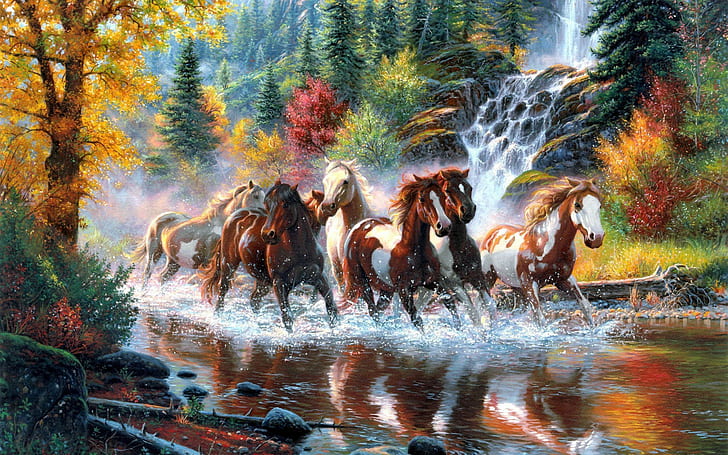 americana, trabalho artístico, outono, país, floresta, cavalo, indiano, paisagem, nativo, natureza, pintura, rio, árvore, cachoeira, bosques, HD papel de parede