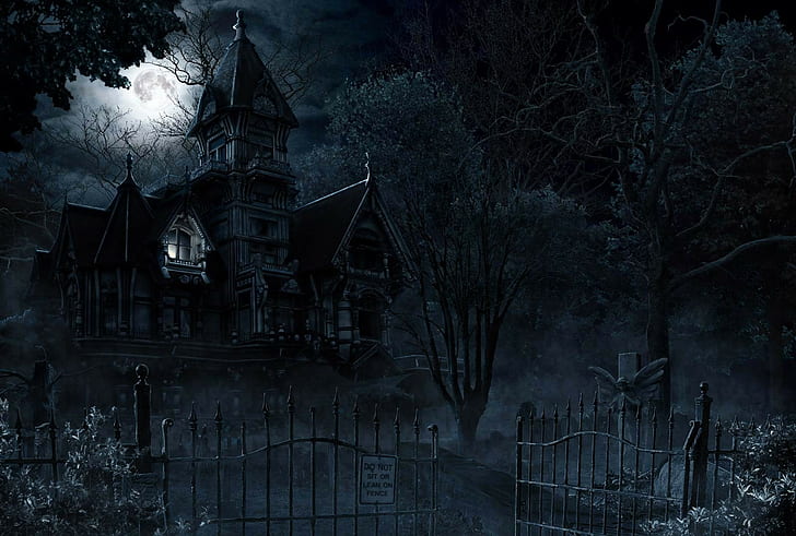 fantasy art, spooky, Gothic, house, night, HD wallpaper