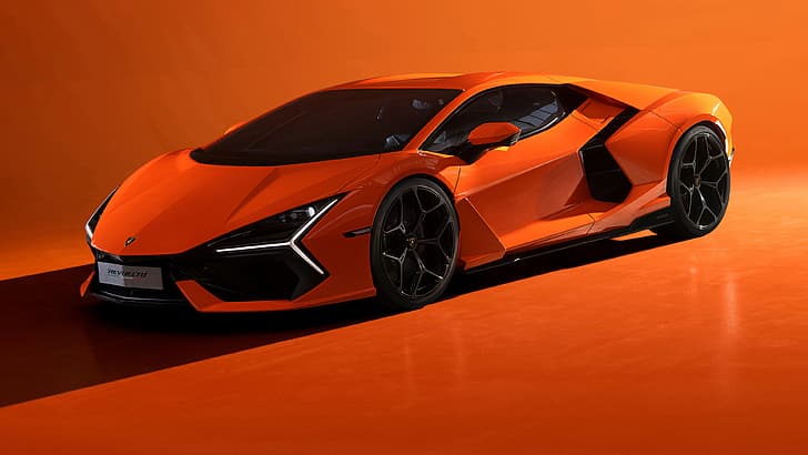 Lamborghini Revuelto, кола, Lamborghini, оранжеви коли, превозно средство, спортна кола, оранжев фон, минимализъм, HD тапет