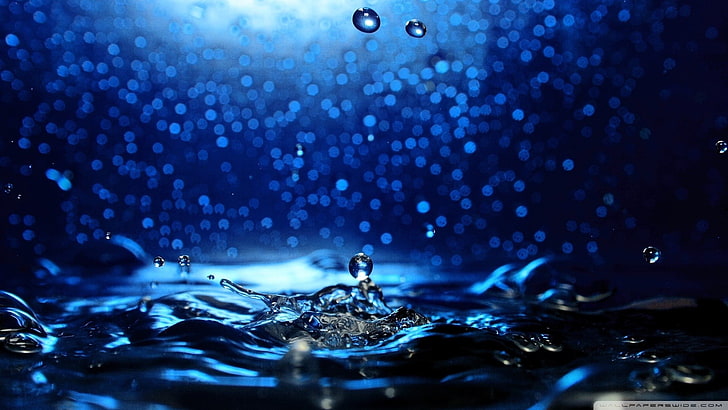 капка вода, природа, течност, вода, капки вода, син, син фон, HD тапет