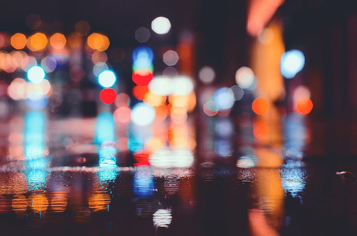 bokeh lights, urban, street, bokeh, reflection, rain, HD wallpaper