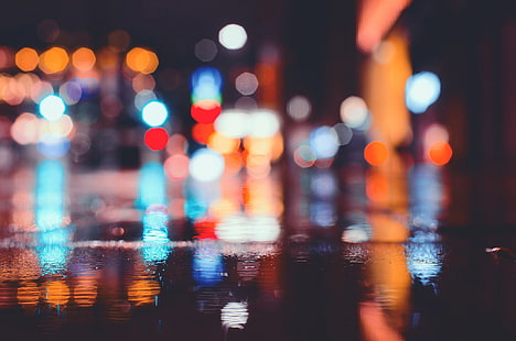 боке огни, городские, улица, боке, отражение, дождь, HD обои HD wallpaper