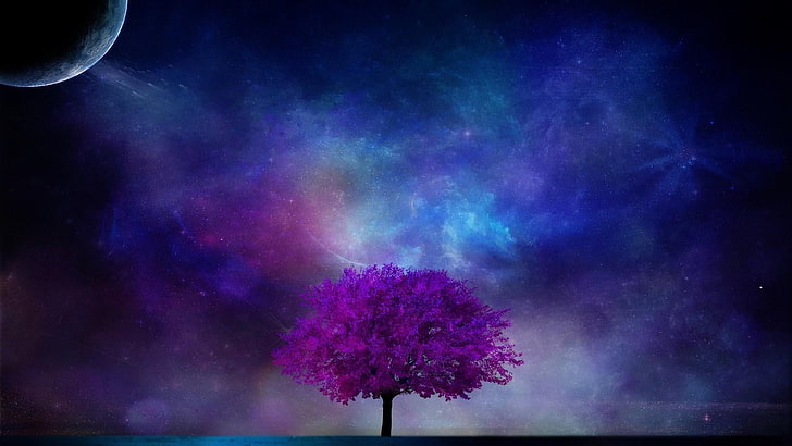夜空 空 雰囲気 紫の木 孤独な木 惑星 月 星雲 ファンタジーアート 孤独な木 木 空間 闇 夜 真夜中 Hdデスクトップの壁紙 Wallpaperbetter