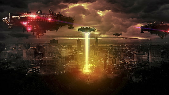 alieno, alieni, ufo, città, scifi, fantascienza, notte, oscurità, metropoli, sera, paesaggio urbano, vita extraterrestre, invasione aliena, Sfondo HD HD wallpaper