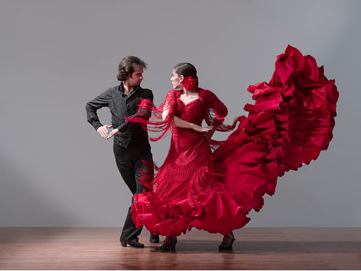 couple, dance, flamenco, red, HD wallpaper