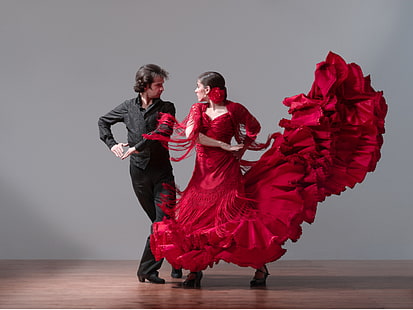 двойка, танц, фламенко, червено, HD тапет HD wallpaper
