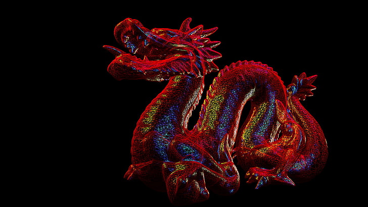 dragon, 3D, wireframe, HD wallpaper