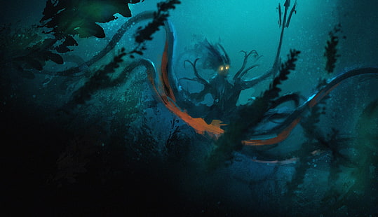 Фэнтези, Морской монстр, Существо, Жуткий, Темный, Подводный, HD обои HD wallpaper