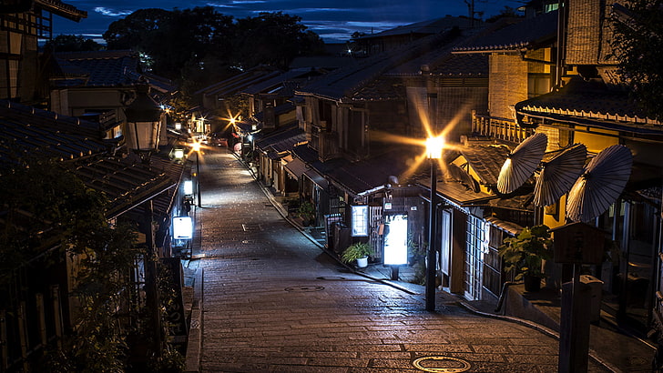 lampadaire noir et orange, Japon, Kyoto, nuit, Fond d'écran HD