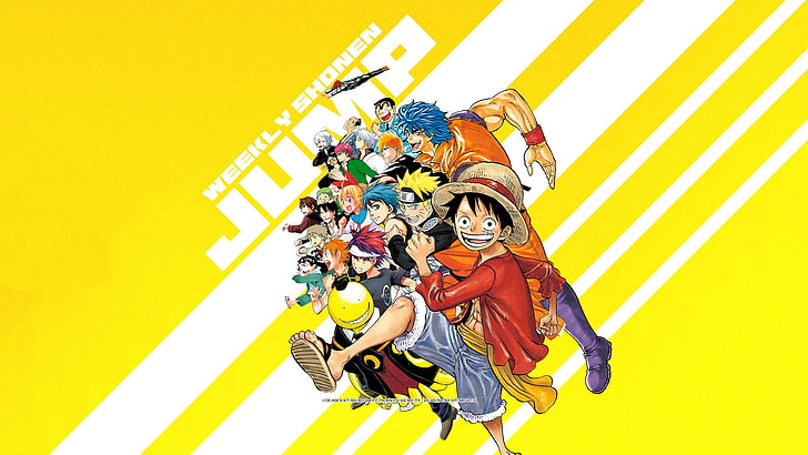 Weekly Jump poster, Anime, Crossover, Assassination Classroom, Beelzebub, Beelzebub IV, Bleach, Chitoge Kirisaki, Food Wars: Shokugeki no Soma, Gintama, Gintoki Sakata, Haikyū!!, Ichigo Kurosaki, Koro-sensei, Kuroko's Basketball, Monkey D. Luffy, Naruto, Naruto Uzumaki, Nisekoi, One Piece, Shōyō Hinata, Sōma Yukihira, Tatsumi Oga, Tetsuya Kuroko, Toriko (Toriko), HD wallpaper